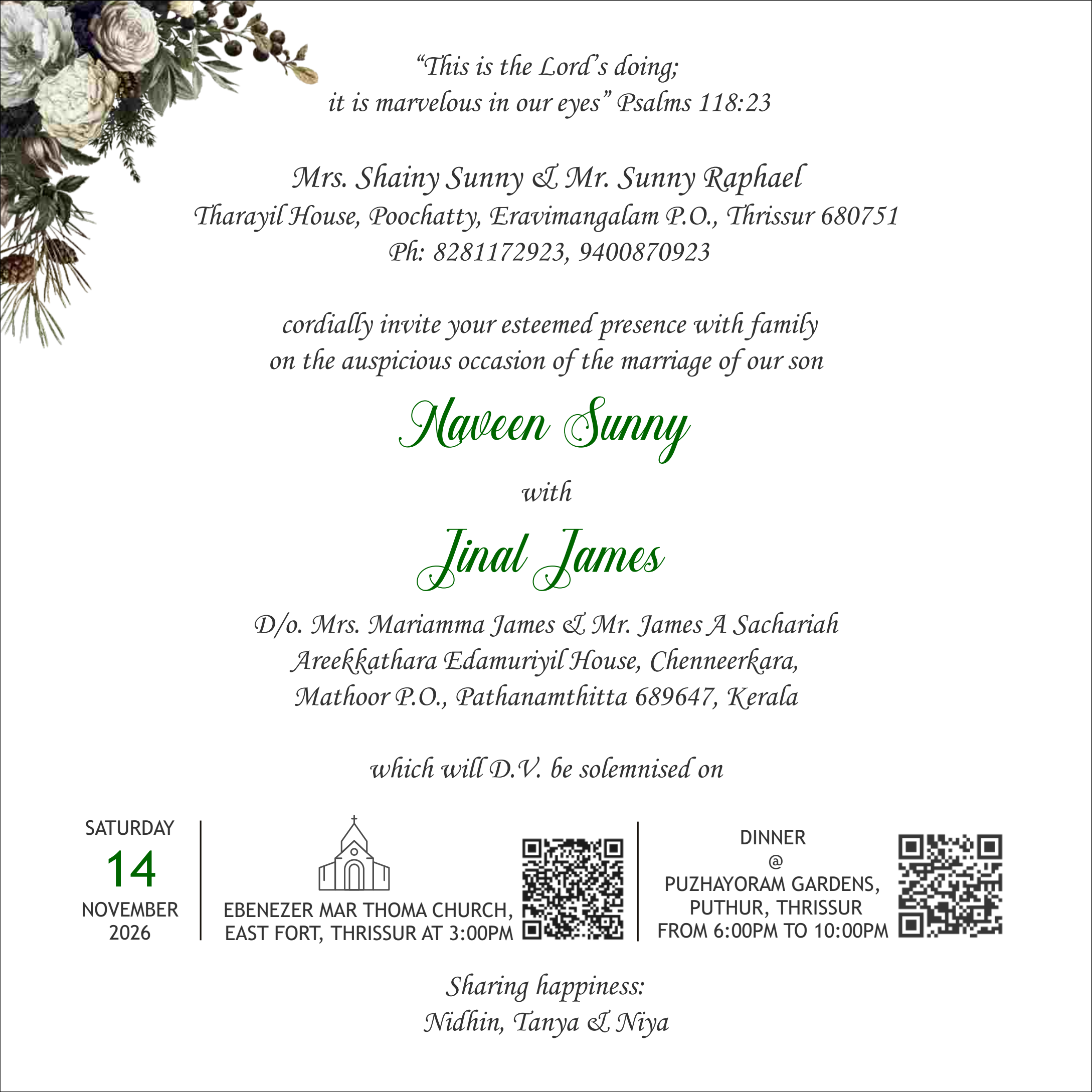 Invitation Card Ceremony & Dinner Details